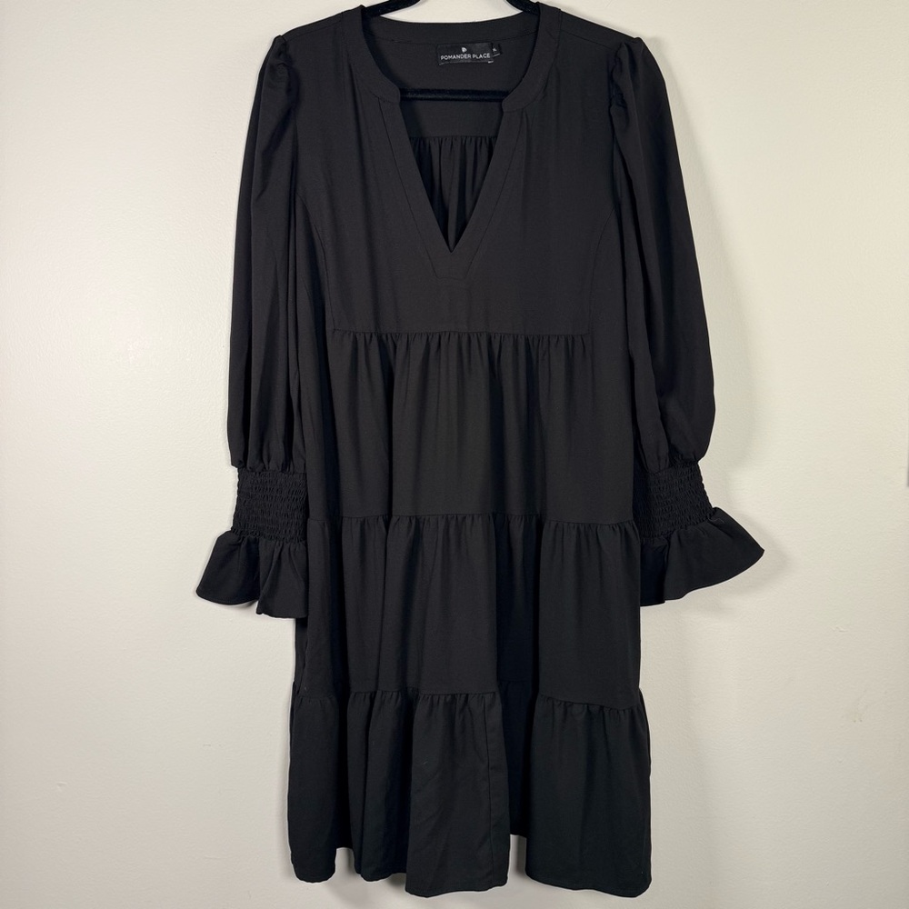 Pomander Place Black Crepe Kenzo Dress XL Long Sleeve Tiered Ruffle Mini Swing